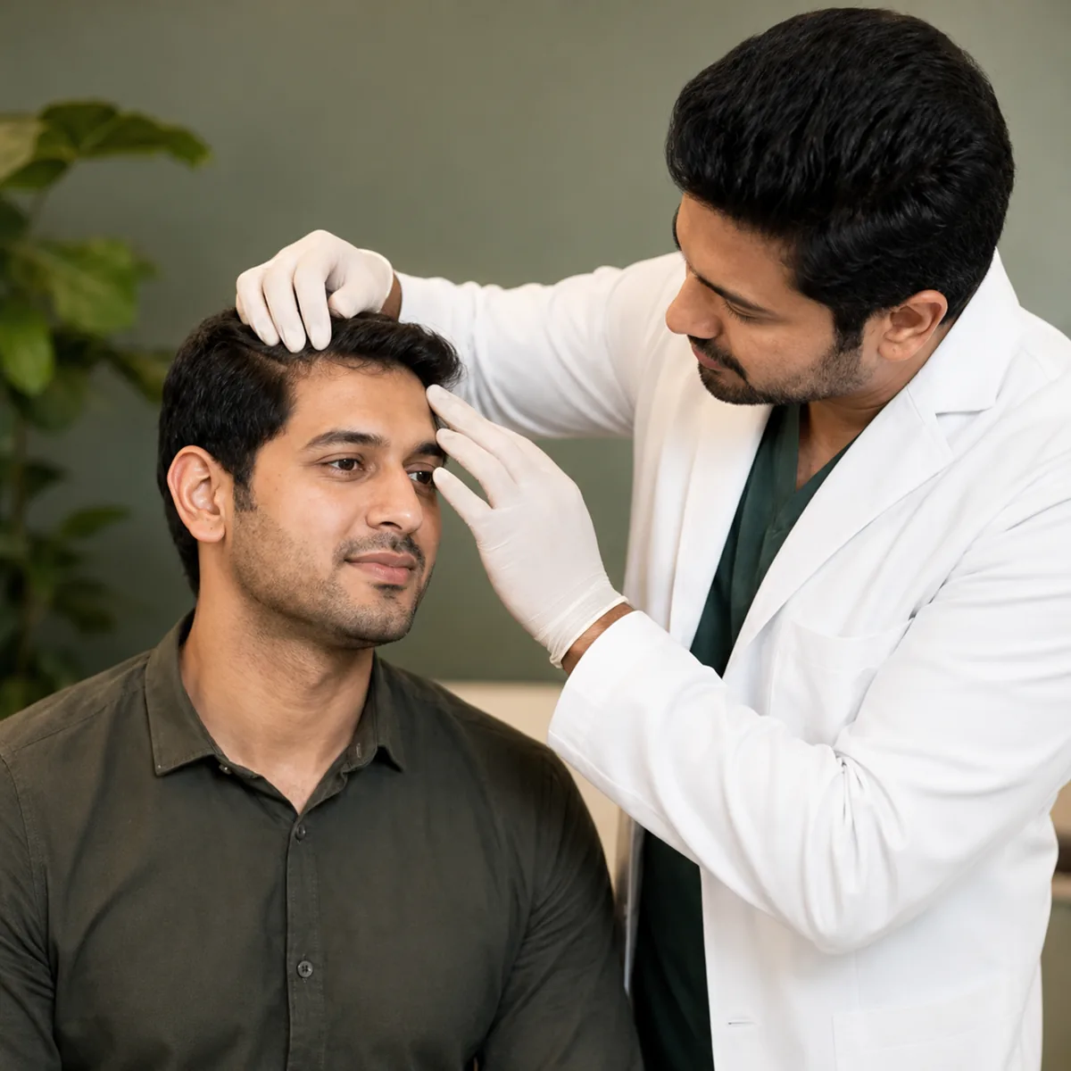 Doctor examining a patient during a hair restoration consultation
